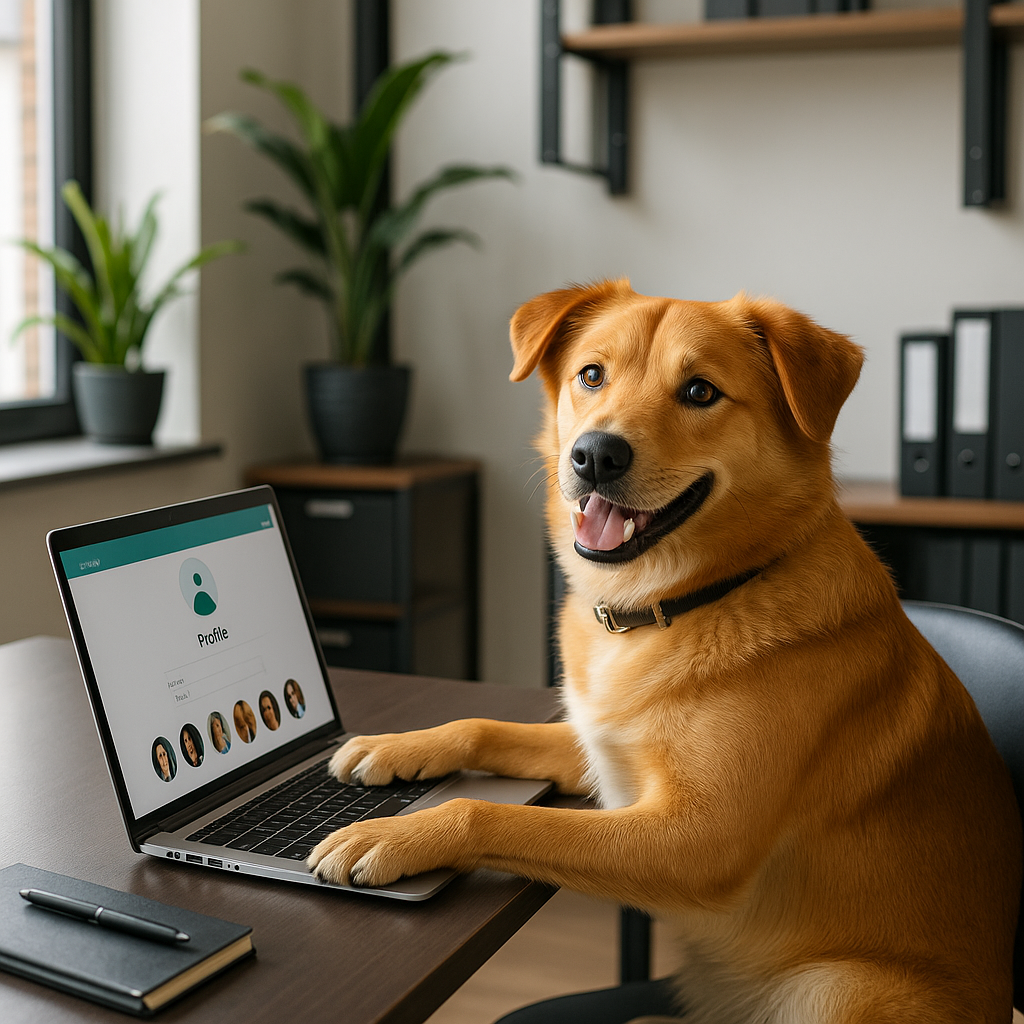 Happy dog trainer using a laptop with BarkBooker interface