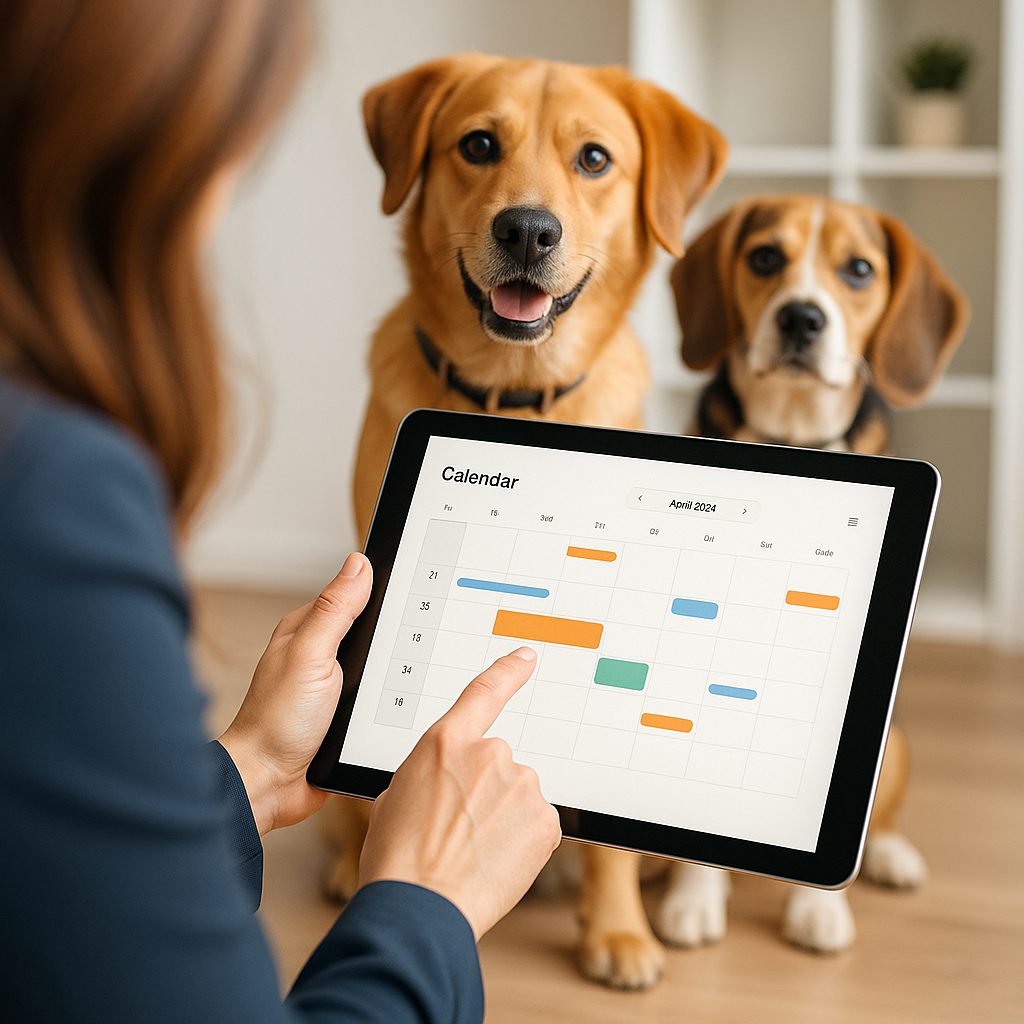 Dog trainer using a tablet with calendar interface